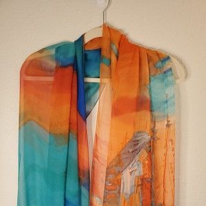 Women's Sheer 100% Silk Scarf Orange and Blue Watercolor Abstract Design 70x70